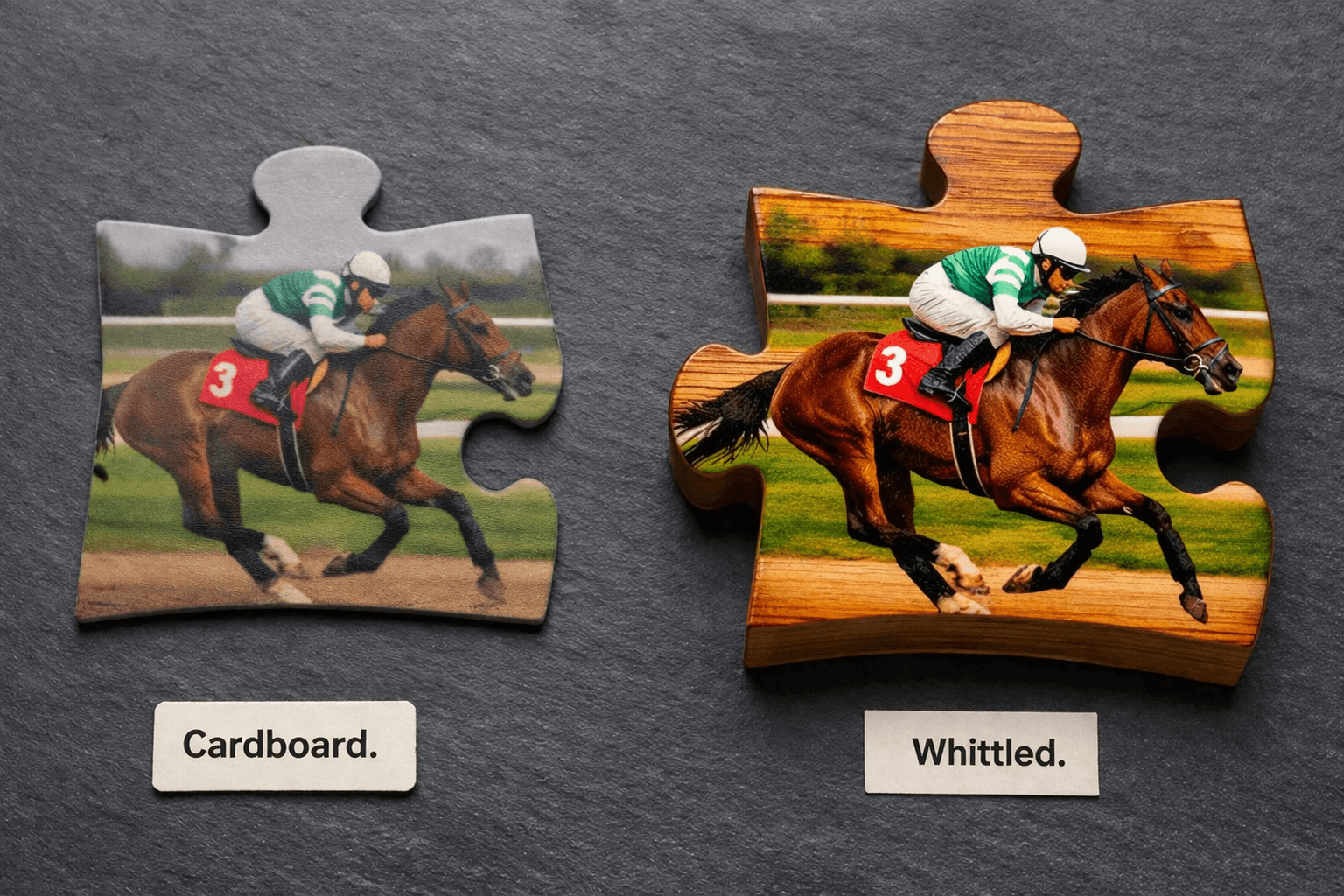 Hardwood puzzle piece compared with a cardboard puzzle piece