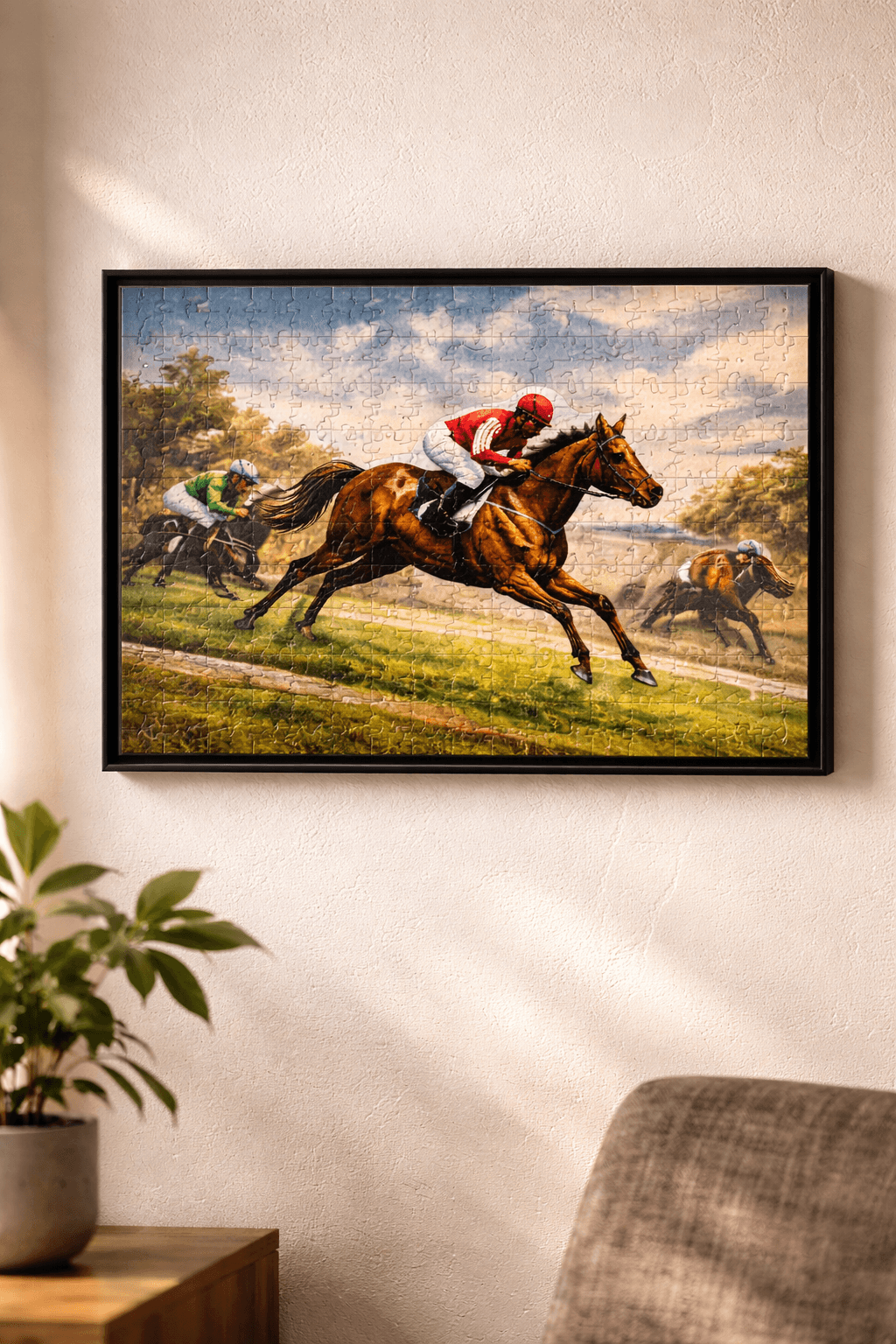 Whittled premium hardwood puzzle displayed on a wall as a lasting keepsake