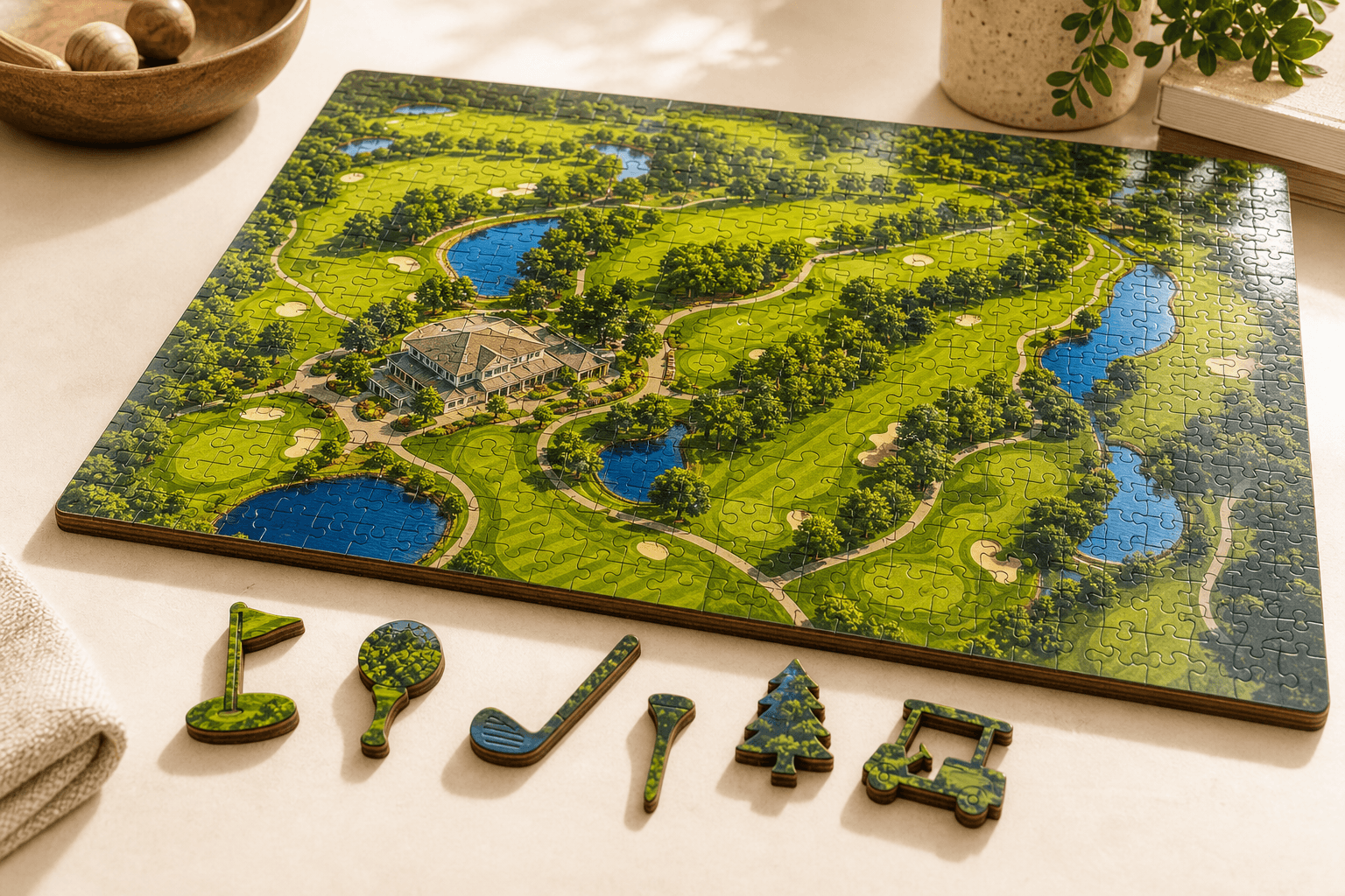 Glossy golf course map puzzle with golf-themed hardwood silhouette pieces