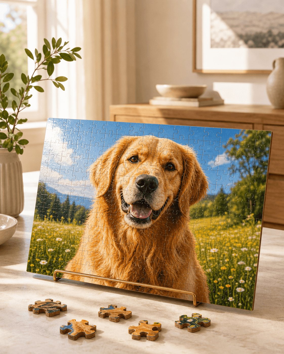 Glossy golden retriever portrait puzzle displayed as a custom pet photo gift