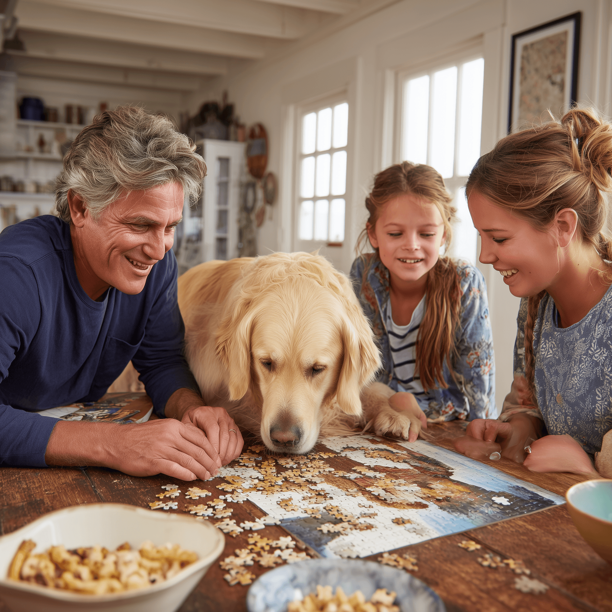 Family of four and their golden retriever gathered around a dining table building a Whittled puzzle together