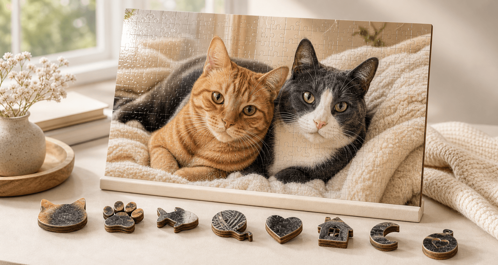 Glossy two-cat portrait puzzle with cat-themed hardwood whimsy pieces