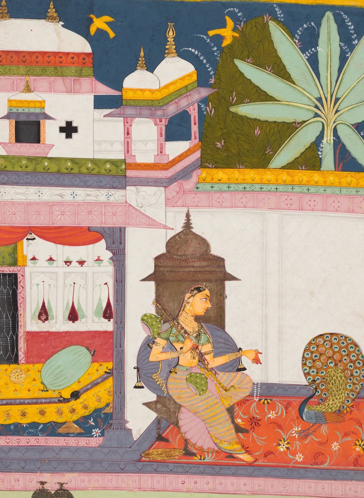Woman Addressing a Peacock (Gujari Ragini) by Bundi or Raghogarh, a Whittled wooden jigsaw puzzle