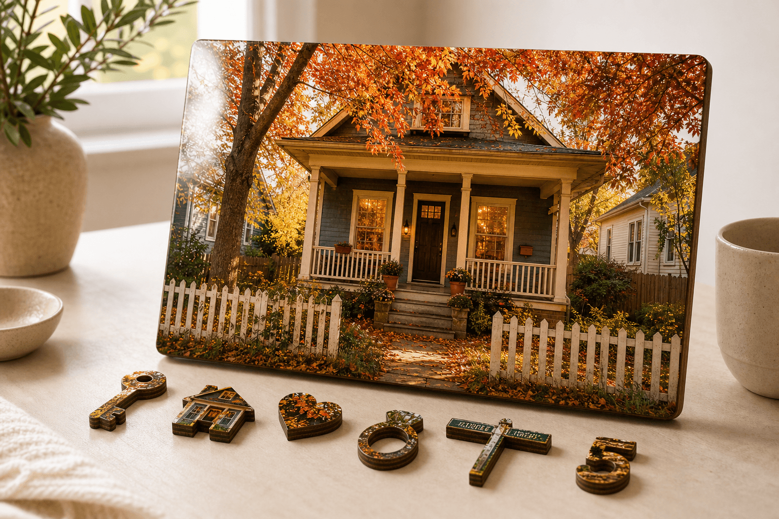 Favorite home puzzle with house, key, ring, heart, and date-shaped whimsy pieces