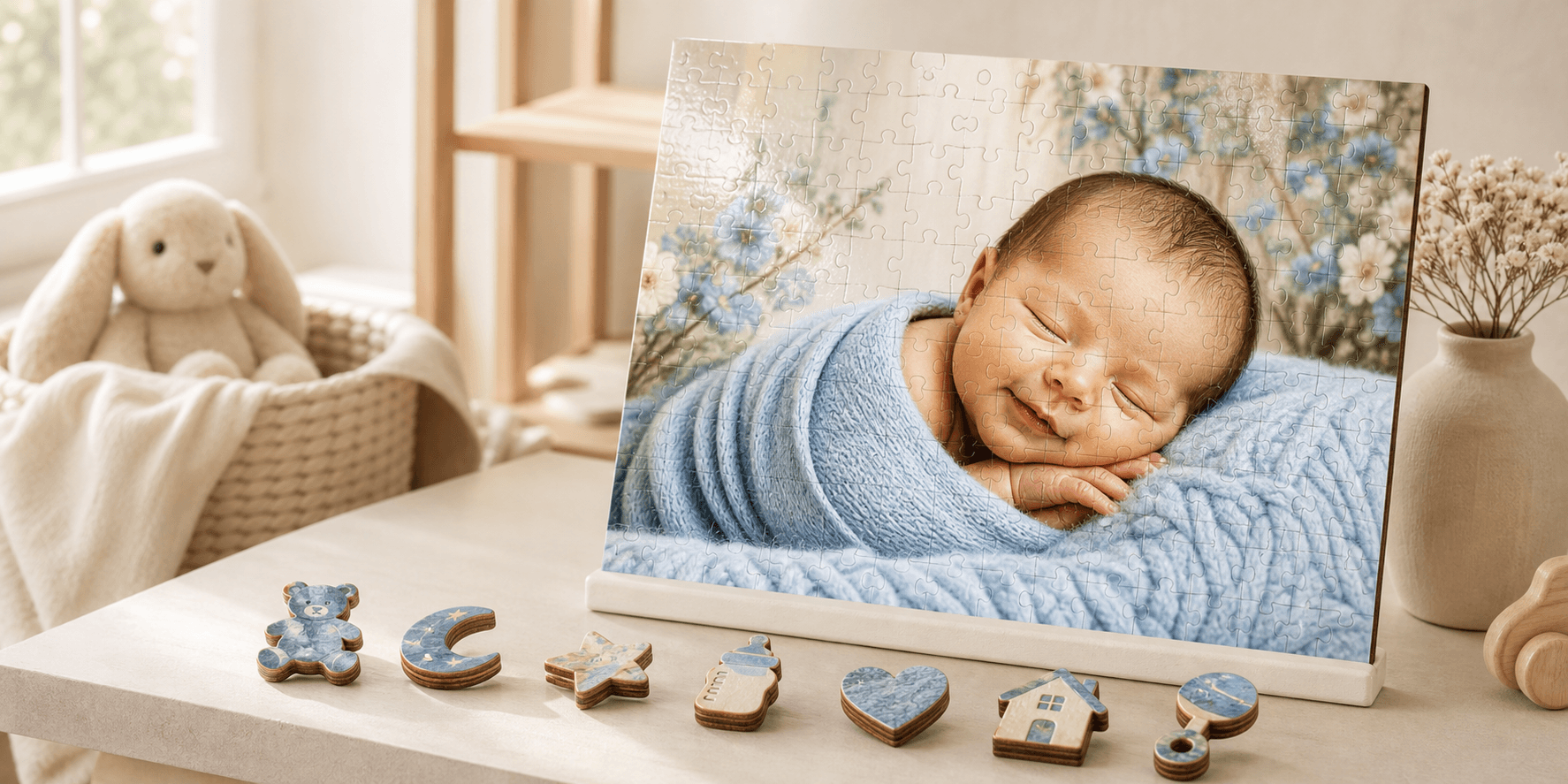 New baby photo puzzle with baby-themed silhouette pieces