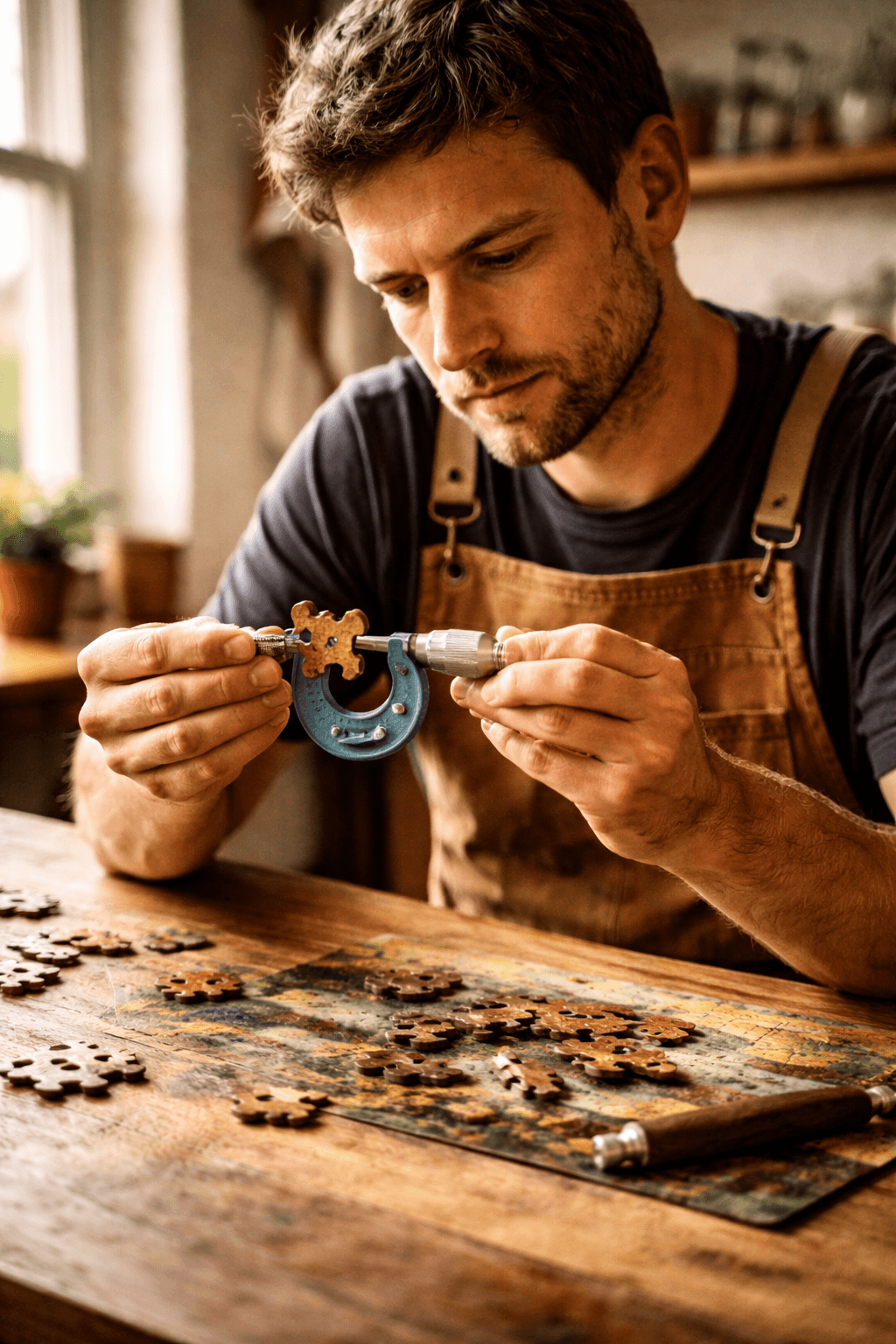Craftsman measuring a wooden puzzle piece with precision