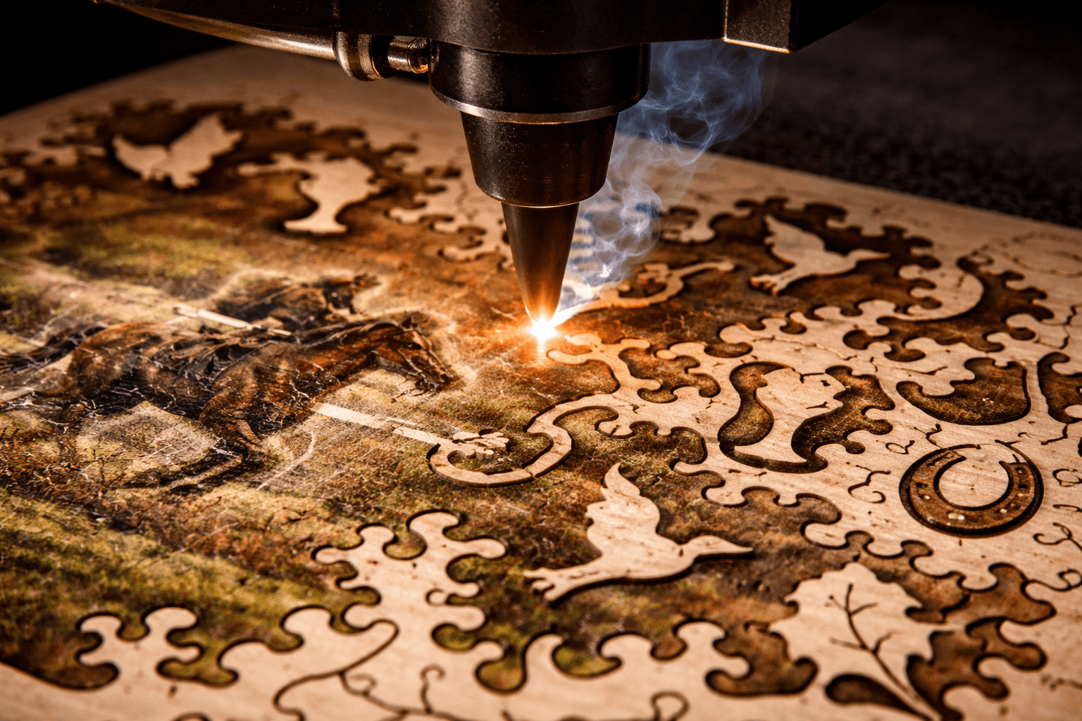 Laser-cutting equipment preparing a hardwood puzzle