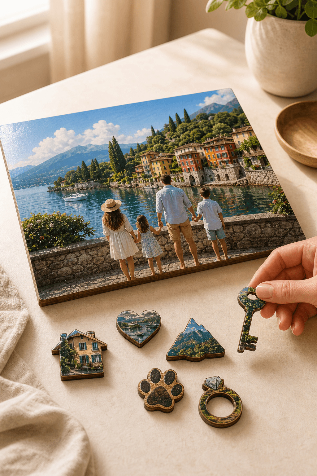 Custom hardwood puzzle with story-shaped silhouette whimsy pieces