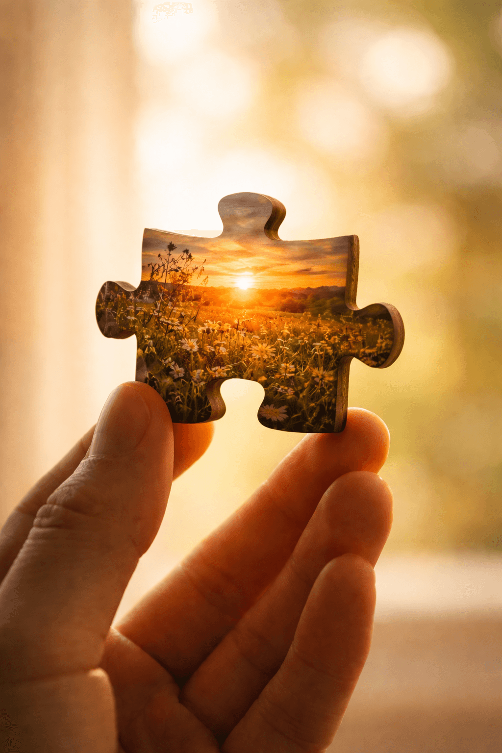 Colorful puzzle piece detail for a floral wooden puzzle collection