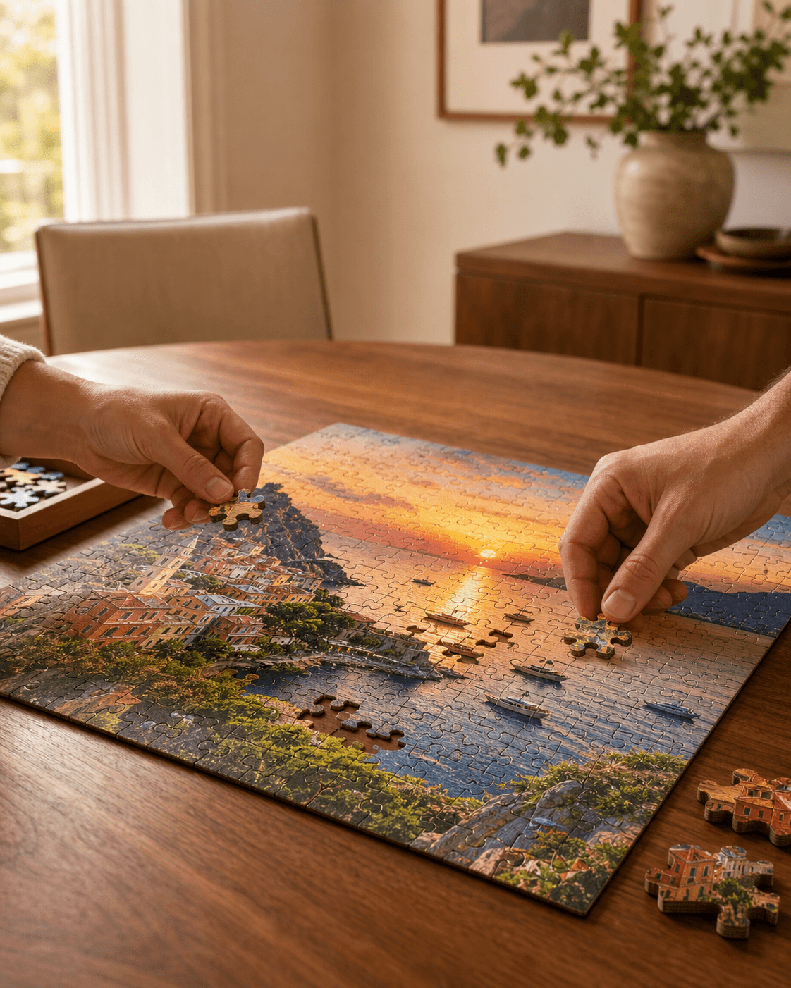 Hands building a vivid vacation photo puzzle