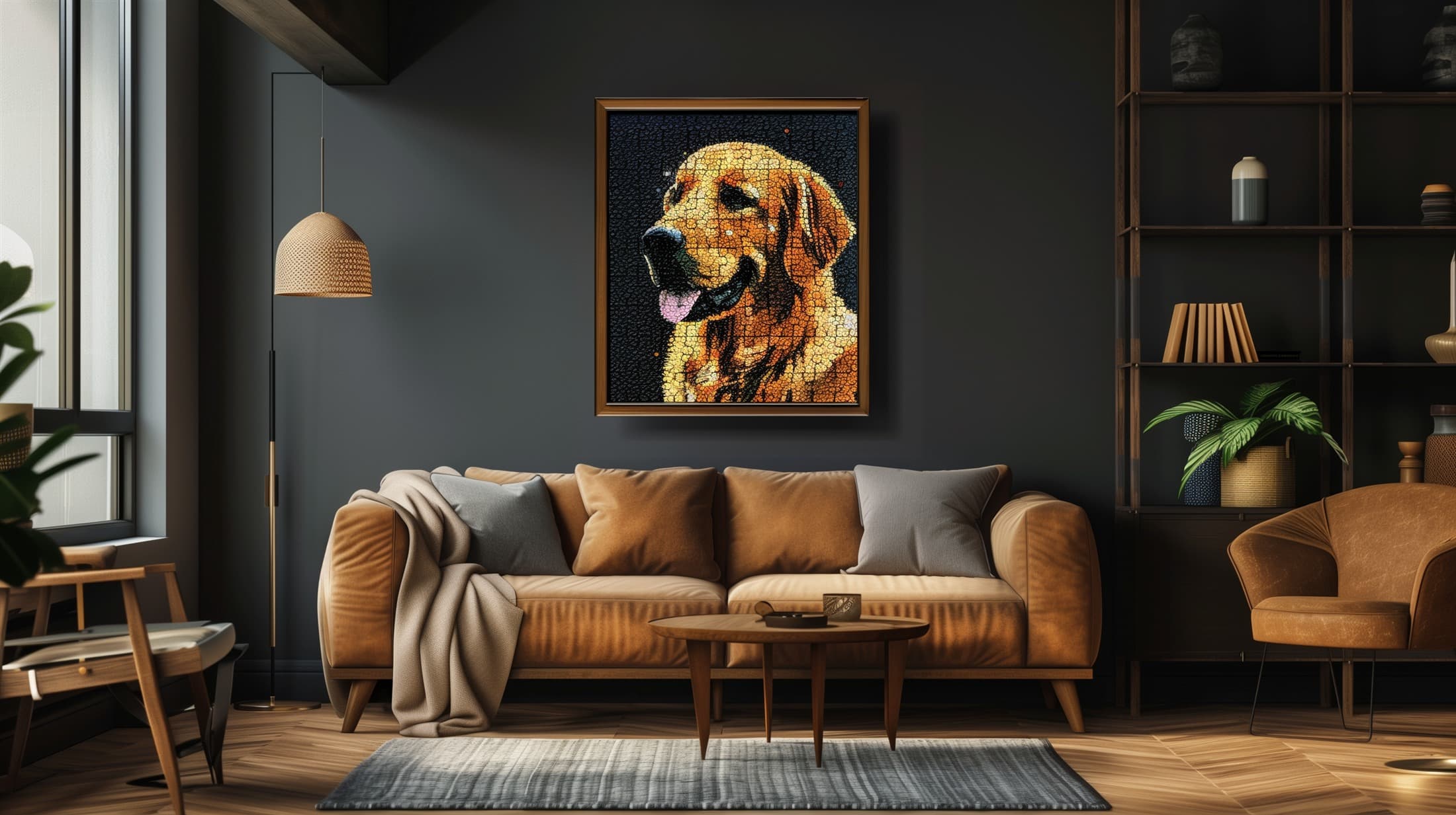 A framed golden retriever wooden puzzle displayed above a sofa