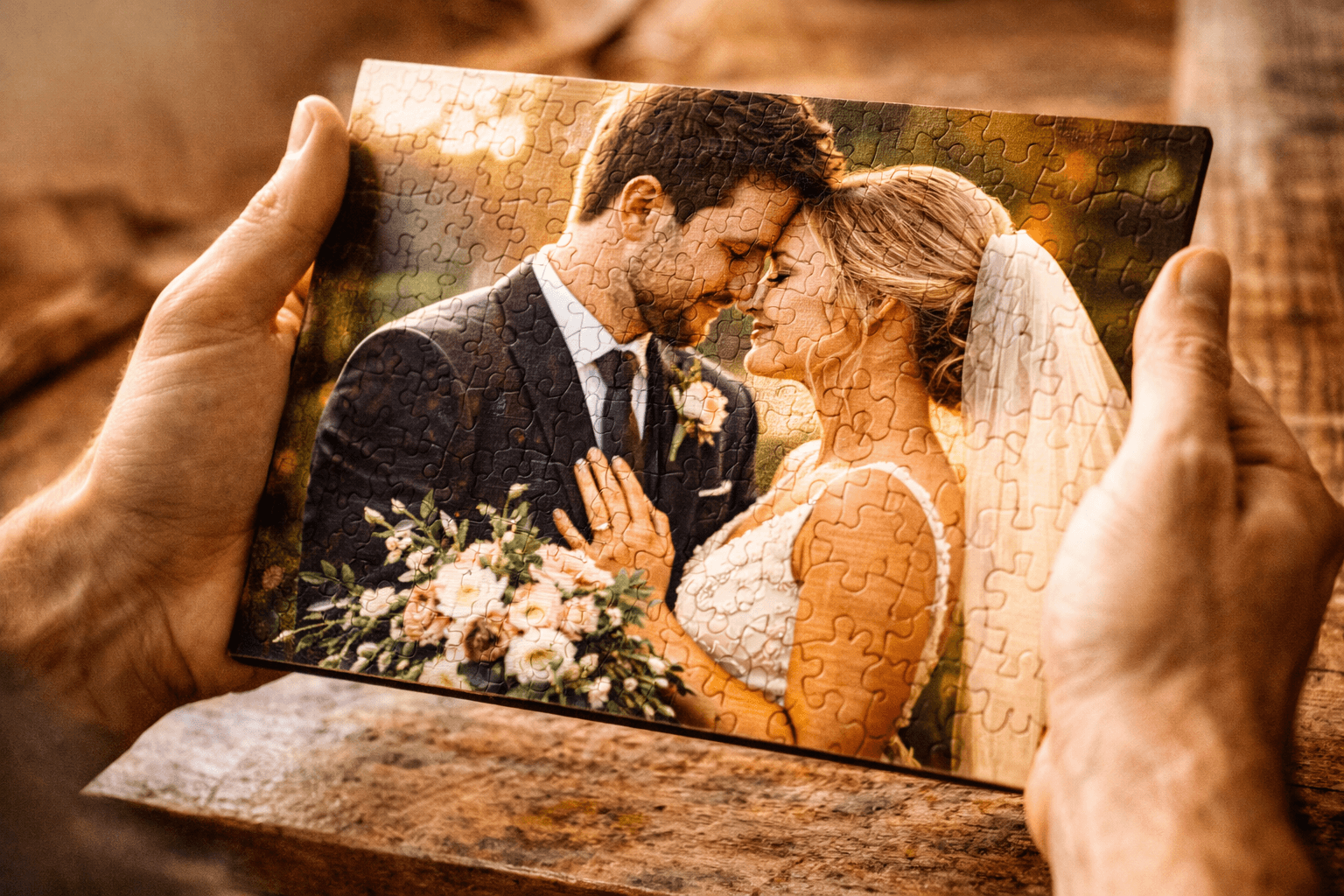 Custom wedding wooden puzzle held as a keepsake