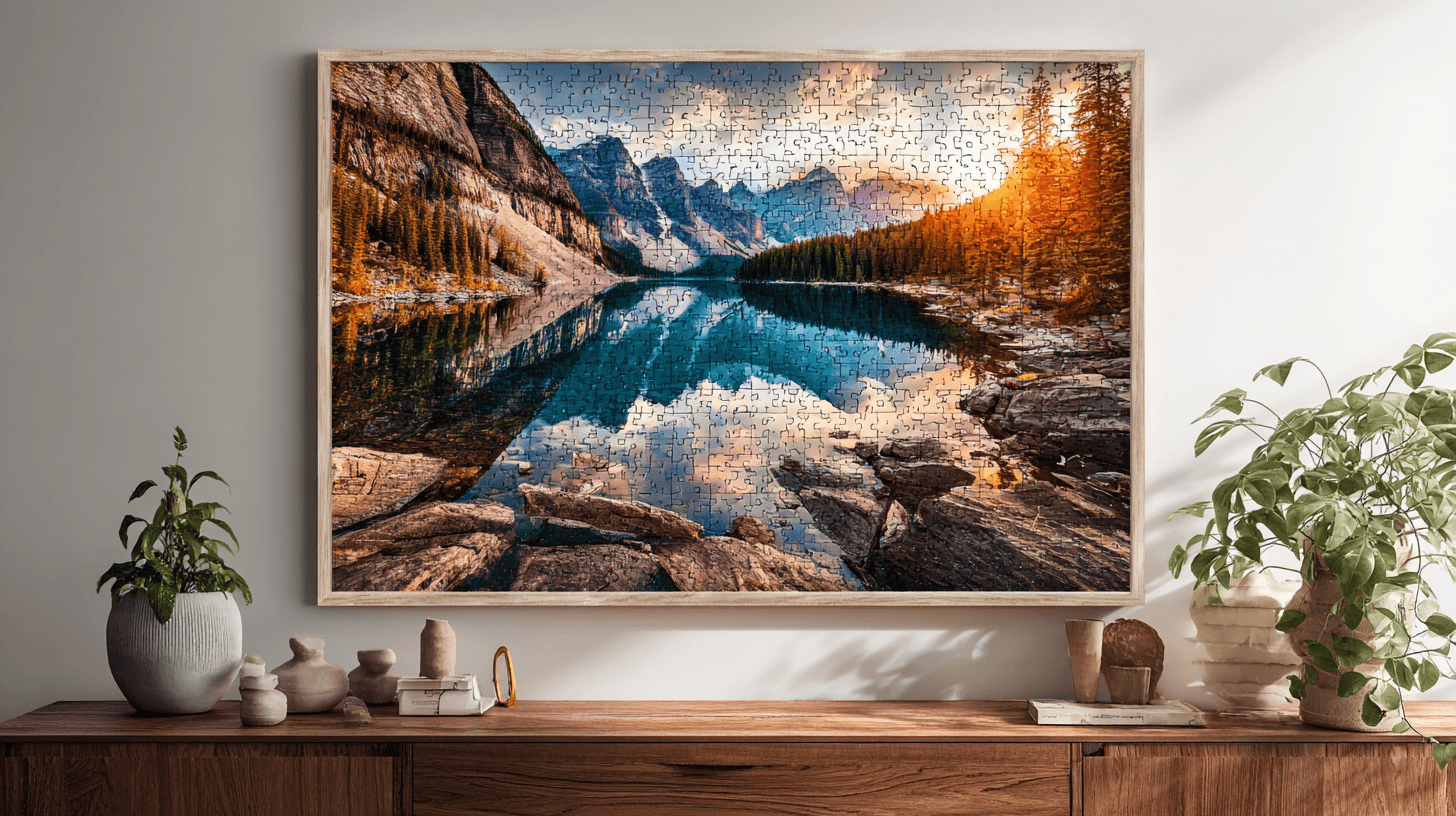 A Whittled wooden photo puzzle displayed on a wall in a home