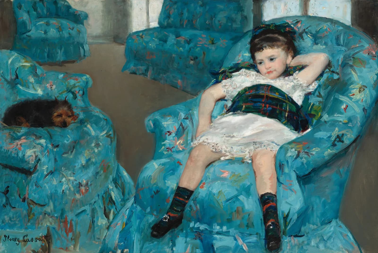 Little Girl in a Blue Armchair by Mary Cassatt, with her dog, a wooden jigsaw puzzle