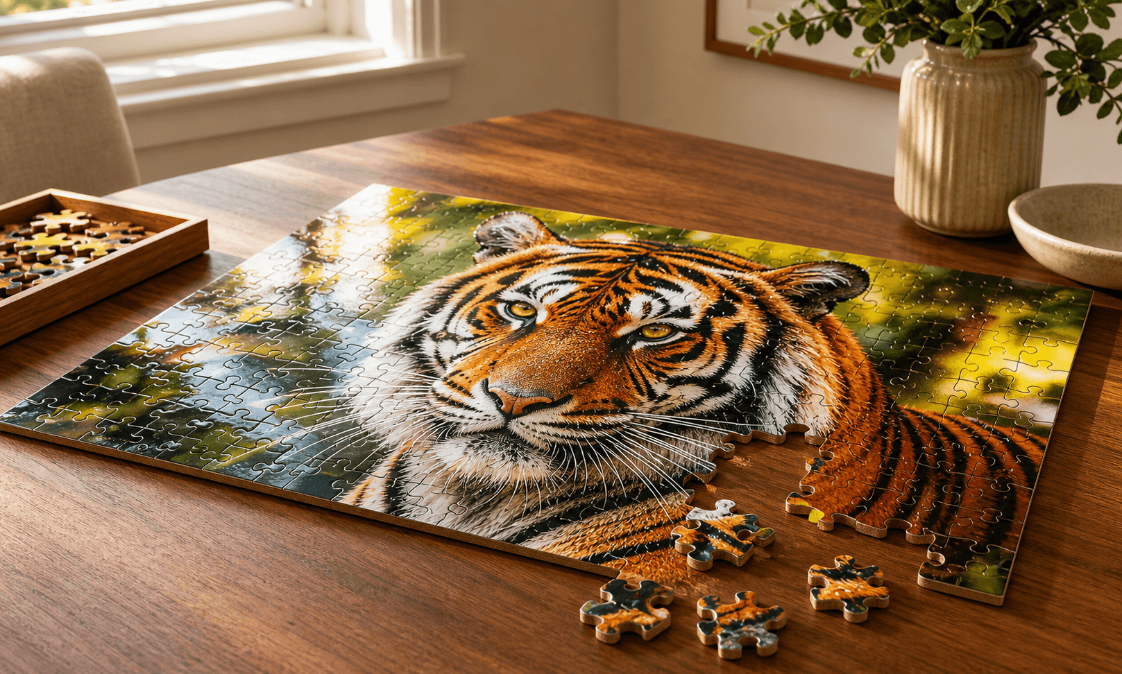 Tiger portrait puzzle with vivid color and glossy hardwood finish